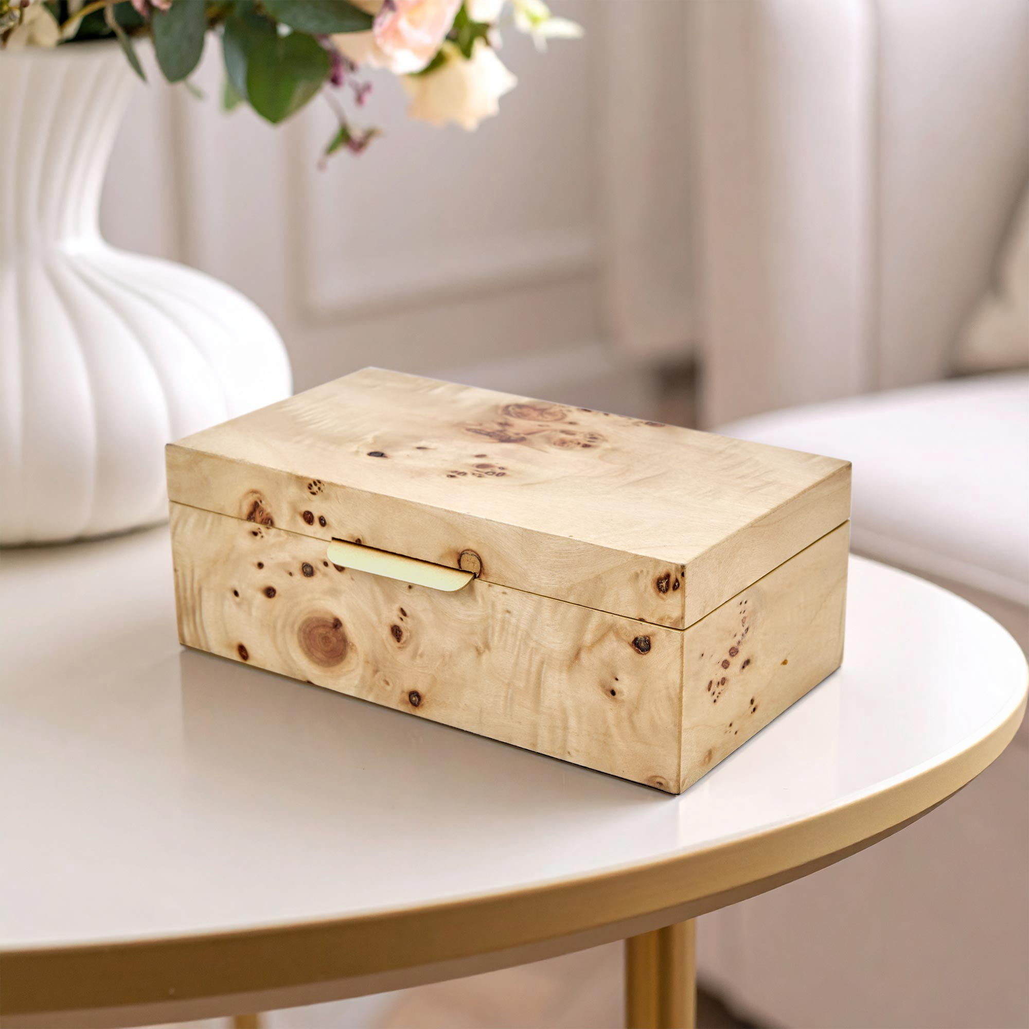 Beautiful by Drew Burl Wood Tabletop Storage Box, Decorative Jewelry Organizer with Lid, Natural Keepsake Box for Dresser or Shelf, 7.5x4.25