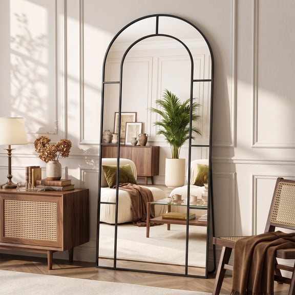 Antok 71"x 28" Arched Full Length Windowpane Mirror Metal Framed Wall Decor Floor Mirror, Black