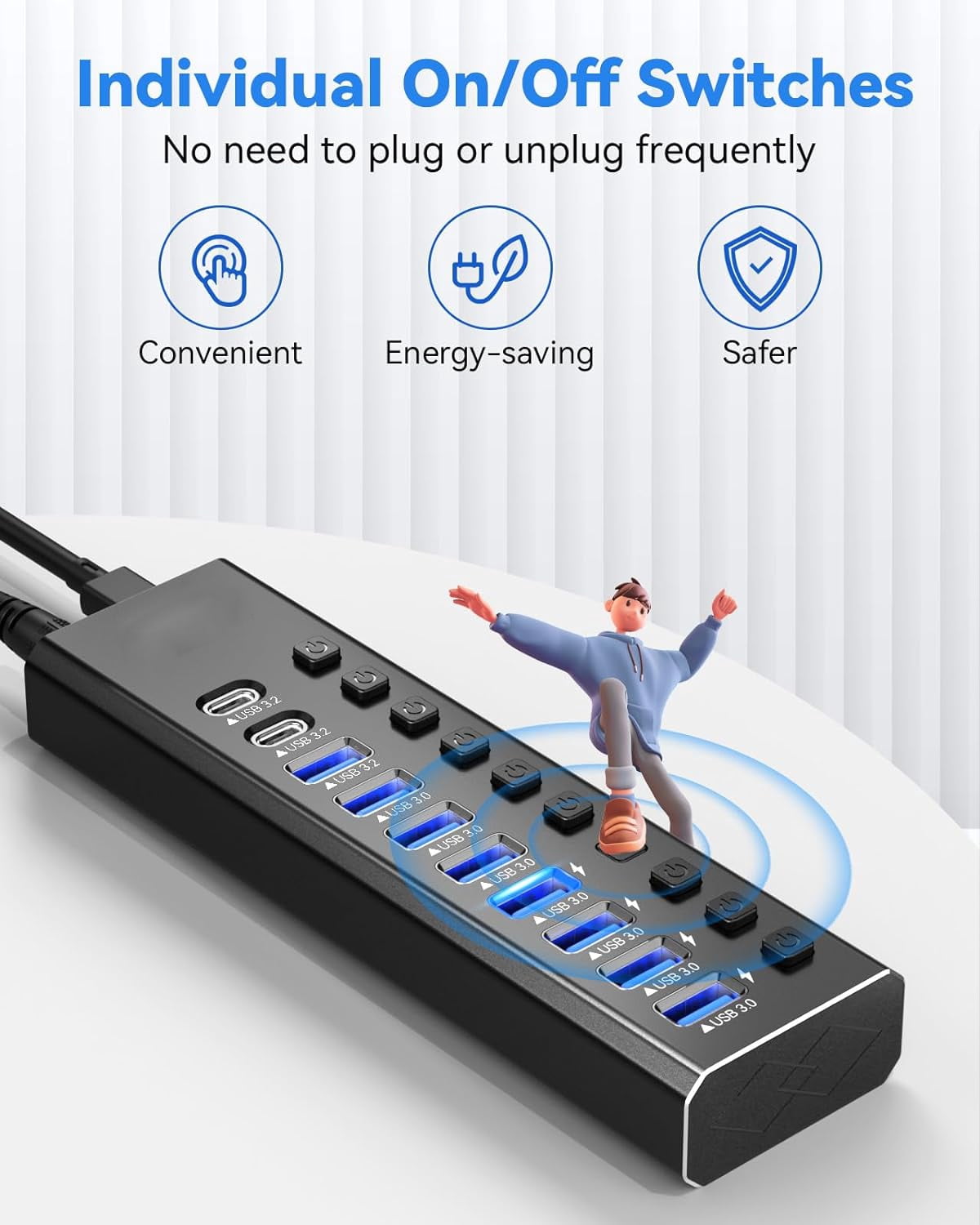 Powered USB Hub 3.2, AUBEAMTO 10-Port USB 3.2/USB C Hub (10Gbps USB-A 3.2 +2 USB-C 3.2 +7 USB 3.0 Ports) with Individual On/Off Switches and 12V Power Adapter, Aluminum USB Hub Powered for Laptop PC