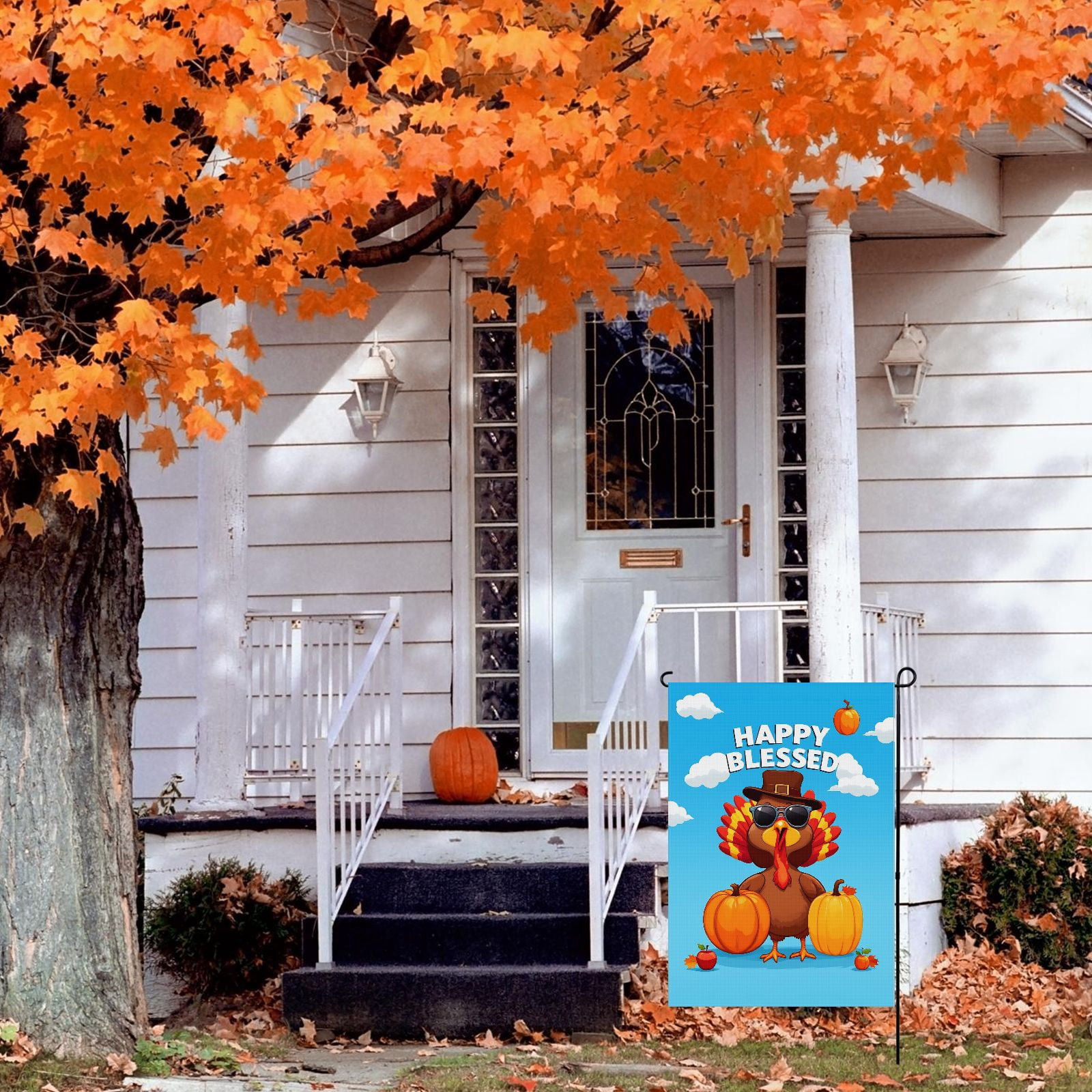 Hello Thanksgiving Day Garden Flag for Outdoor Deco for Farmhouse Patio House Backyard Balcony 28x40 Inch Durable Cartoon Back Yard Decor Pumpkins Turkey Washable Outdoor Garden Decor