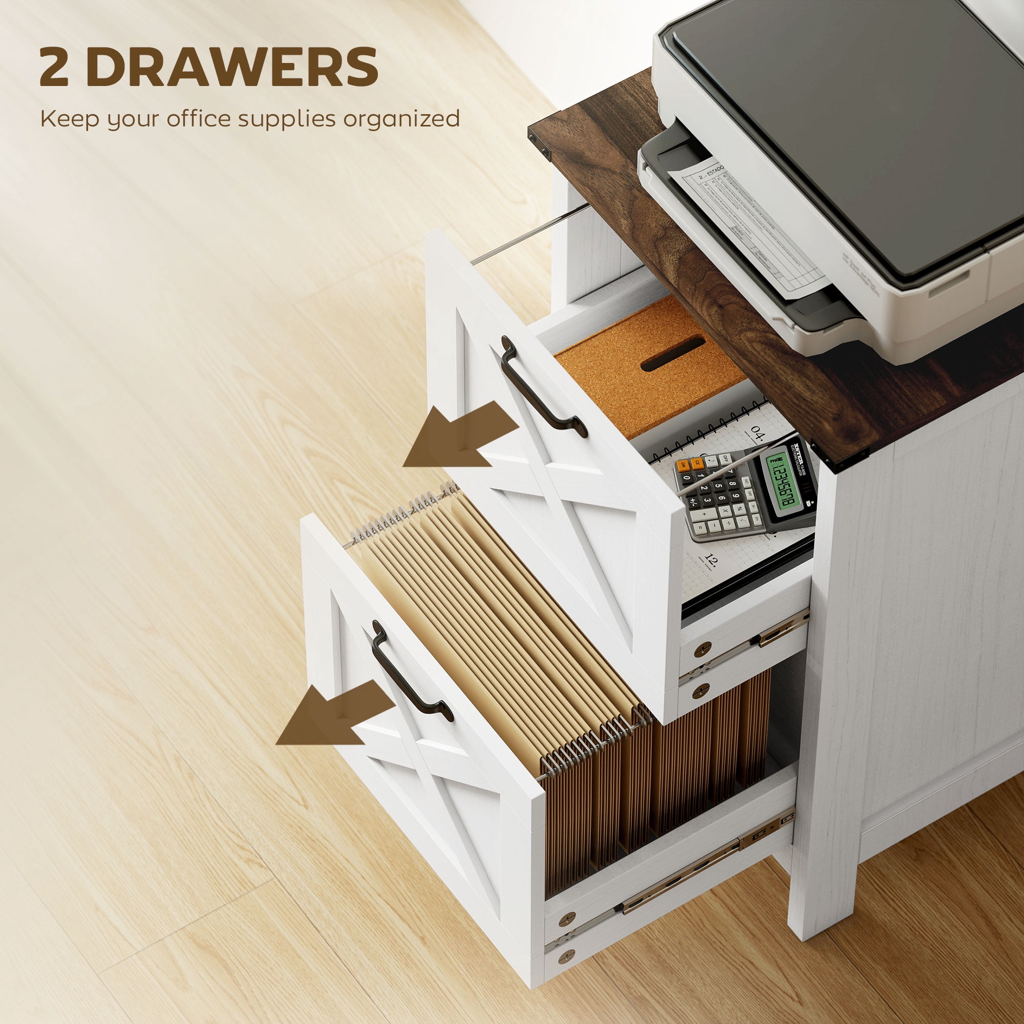 HOMCOM 2 Drawer Vertical File Cabinet with Silent Slides, Farmhouse Filing Cabinet with Barn Doors for A4/Letter Size, Printer Stand, Distressed White