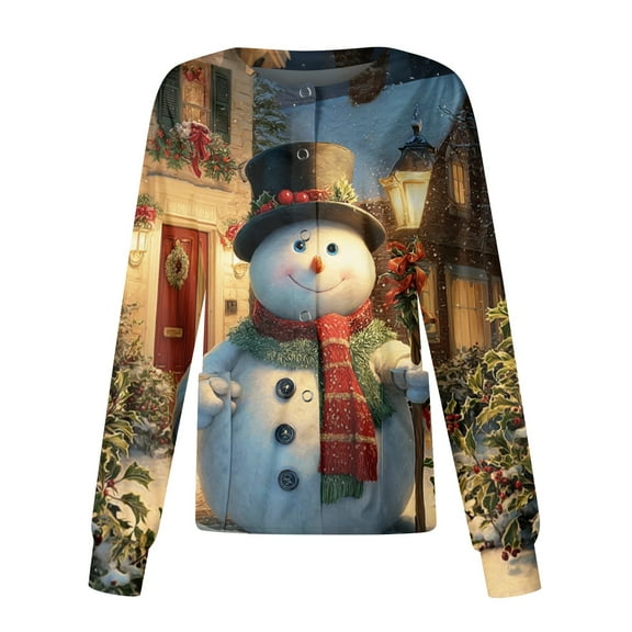 HaHaHappy Christmas Scrub Jackets Women Plus Size Long Sleeve Dressy Snowman Print Scrubs Funny Snap Front Ugly Scrub Tops Casual Nursing Workwear Nurse Medical Uniform with Pocket Cyan L