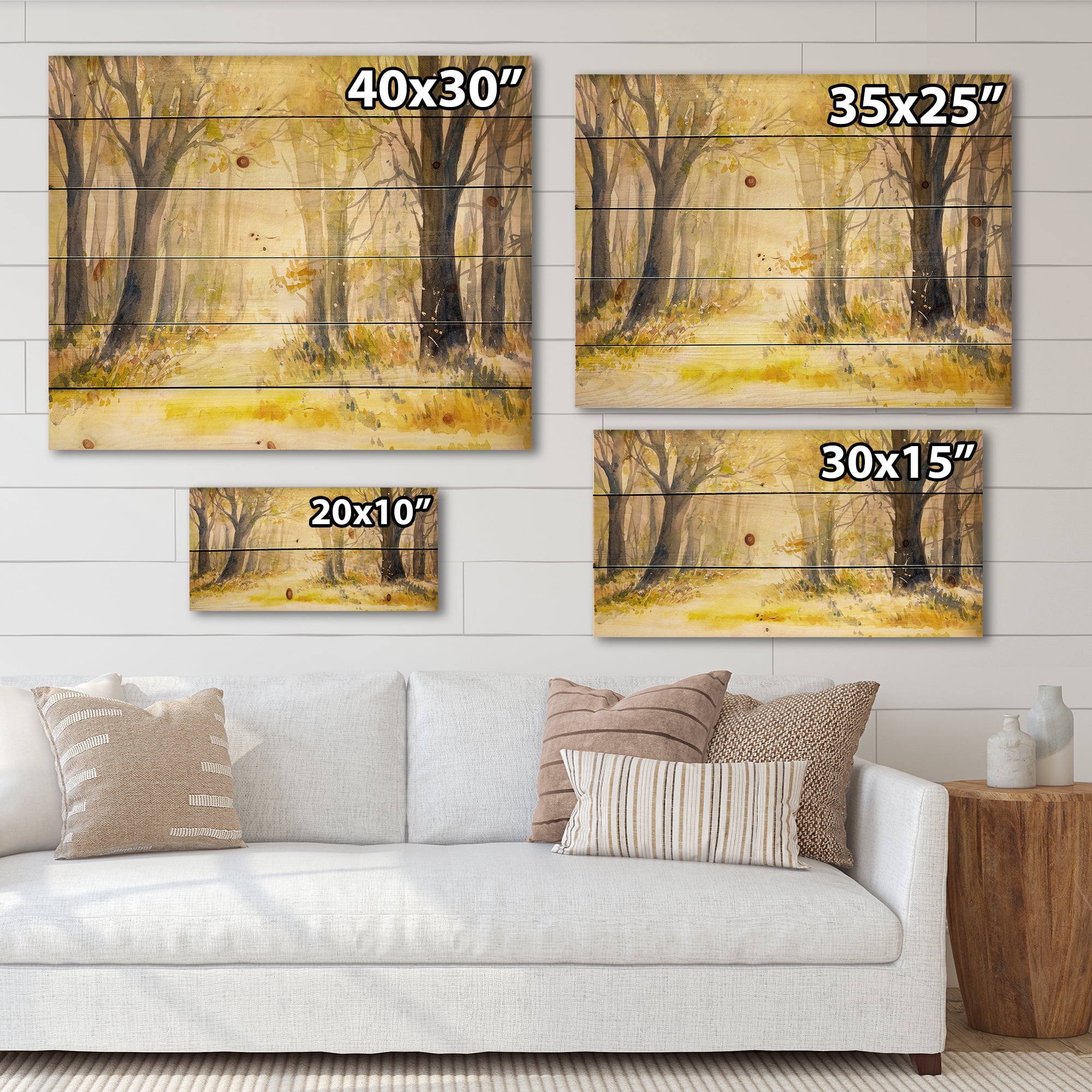 Designart 'Bright Sunshine Through The Yellow Forest Trees I' Traditional Print on Natural Pine Wood