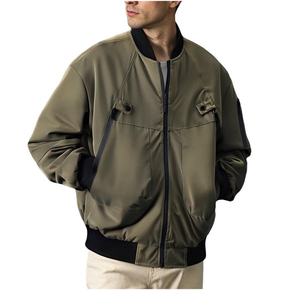 NaWent Men's Bomber Jacket Solid Color Long Sleeved Cardigan Stand Up Collar Workwear Jacket