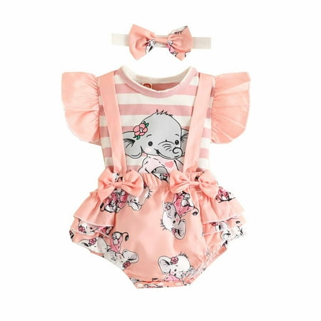 

Summer Savings Clearance! AKAFMK Summer Baby and Toddler Girls Casual Suit Infant Ruffled Print Top With Straps Shorts And Headband Three Piece Sets Pink