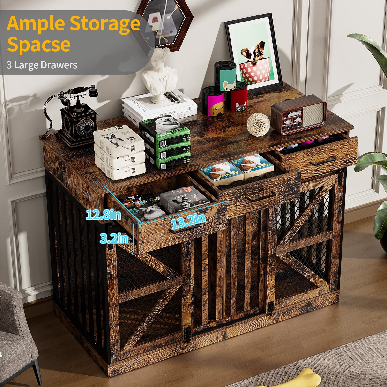 ModFurne 48' Dog Crate Furniture with Removable Divider & Storage Drawers, Wooden Double Dog Cage TV Stand with 2 Sliding Barn Doors