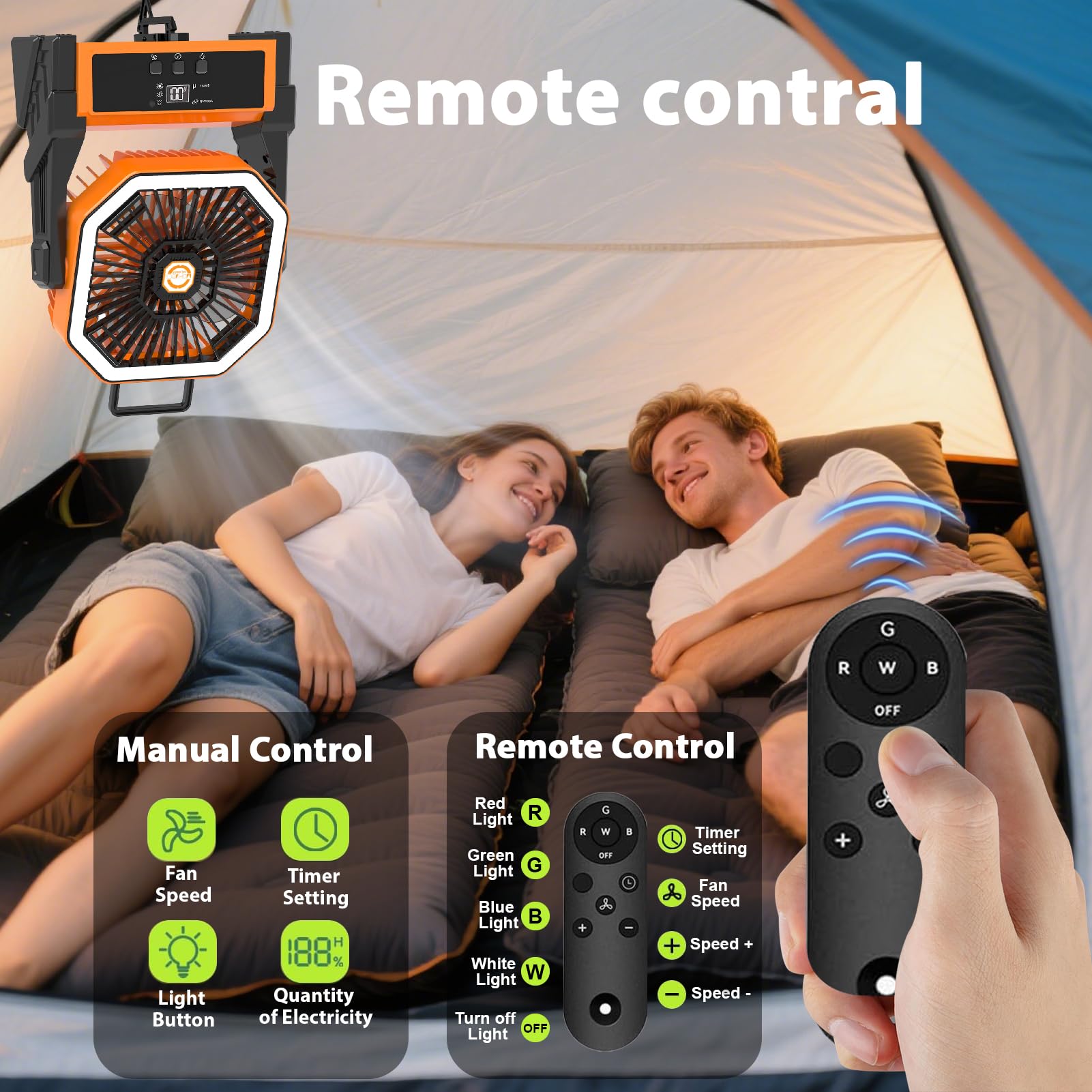 Portable Fan Rechargeable,20000mAh Cordless Battery Powered Fan with LED Lantern,180Rotation With remote control,USB C Battery Operated for Travel Camping Tent Office Beach Fishing Outdoor,ORANGE
