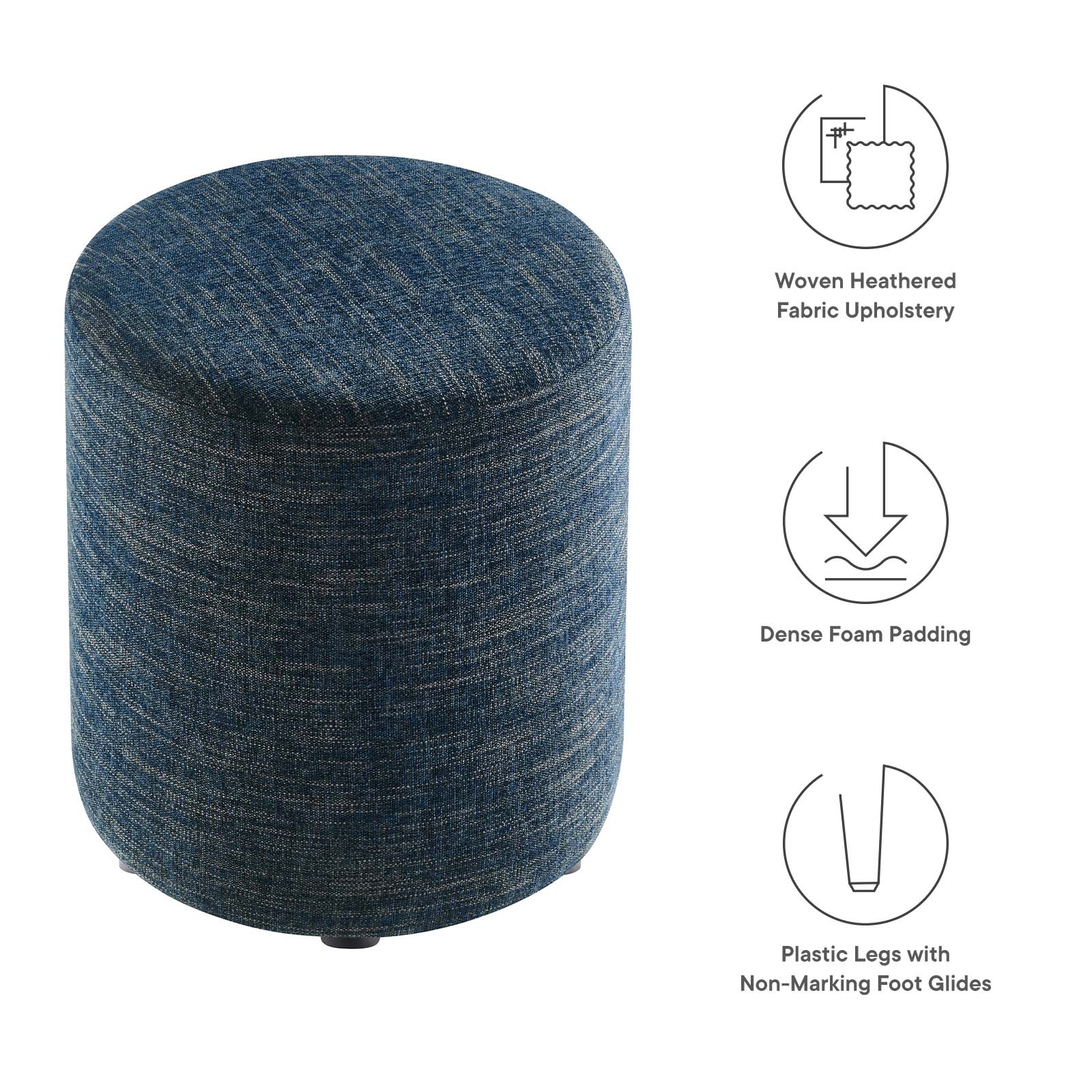 Callum 16" Round Woven Heathered Fabric Ottoman in Heathered Weave Azure