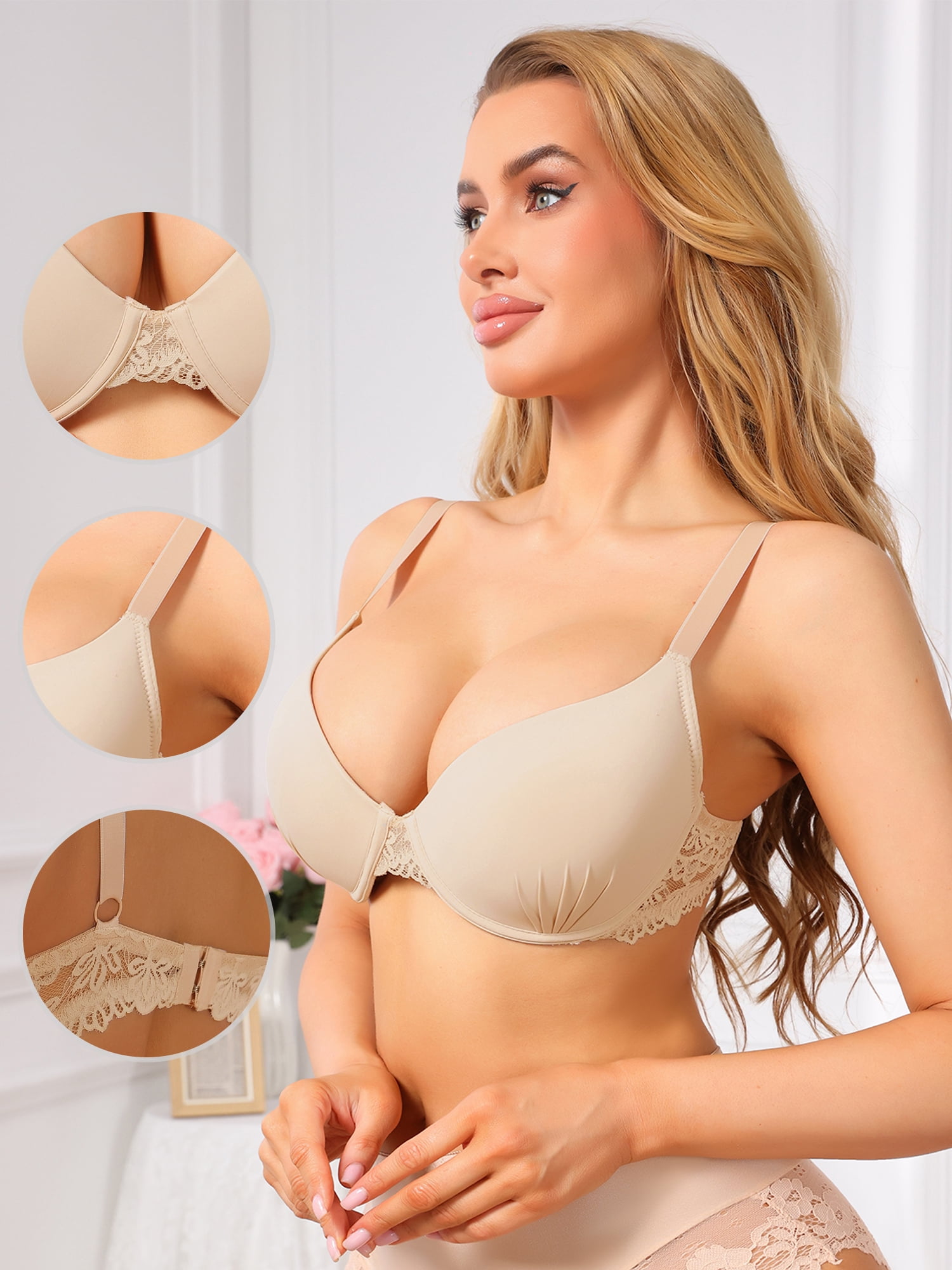 DARING DIVA Women's Plunge Push Up Underwire Lace Adjustable Straps Bra D 38 Beige