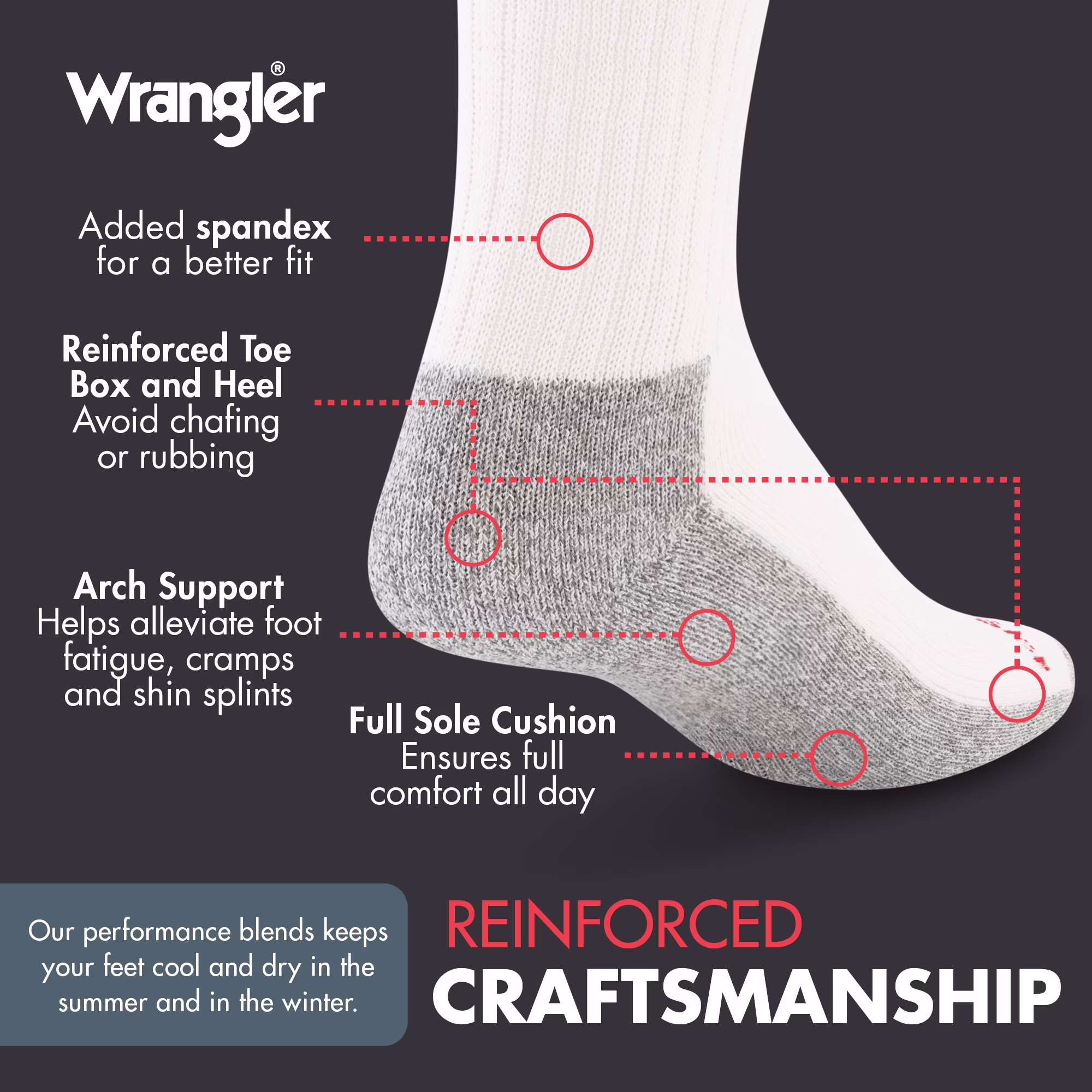 Wrangler Men's Cushion Crew Socks, Work Socks for Men, White, 6 Pack