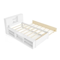 Barara King Twin Size Bedroom Trundle Bed Frame with Trundle and Power Outlets, Bed Platform Frame for Bedroom, Apartment, White