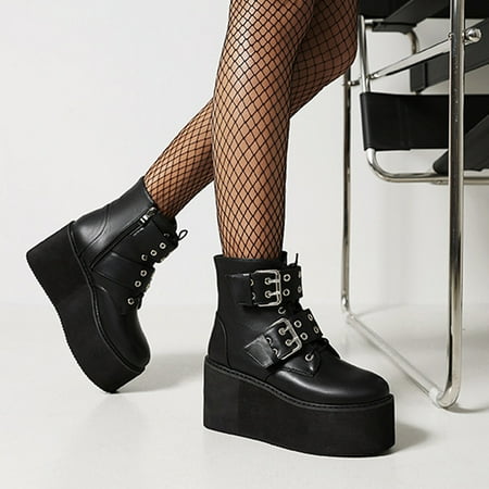 

YOTAMI Womens Shoe Belt Buckle Platform Side Zipper Round Toe Platform Heel Ankle Boots Slip on Black 6