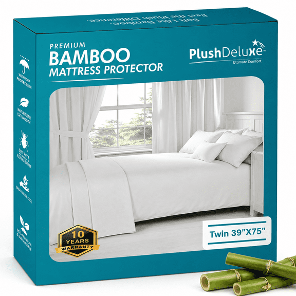 PlushDeluxe Waterproof Mattress Protector, Viscose Derived from Bamboo, Ultra Soft and Breathable, Twin, White, 39" x 75", Fits Up to 18" Deep