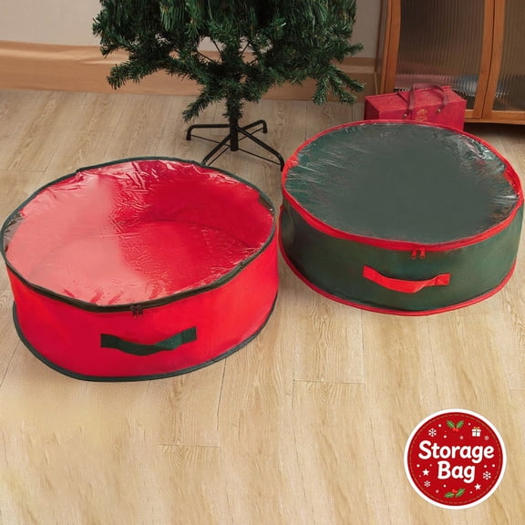 Round Wreath Storage Bag, Single Sided Transparent Capacity Pouch, Reinforced Handles Smooth Zipper, Holds Christmas Wreaths Garlands, Guards Decor from Damp and Squeezing for Seasonal Storage