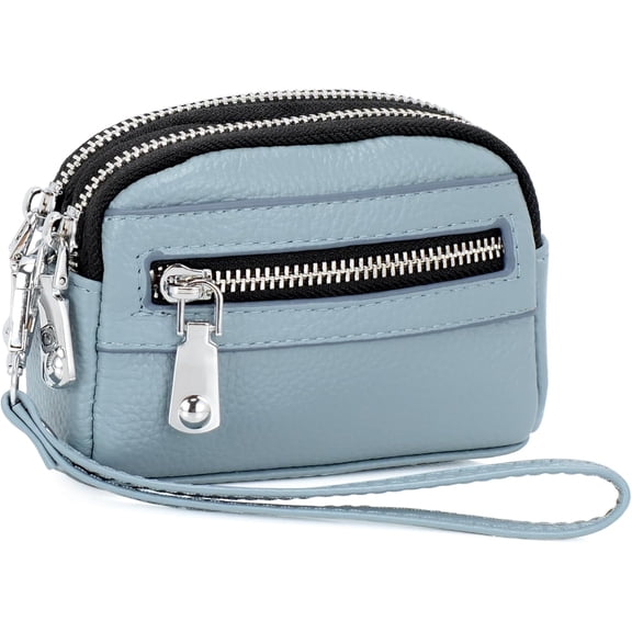 Coin Purse for Women Genuine Leather Small Triple Zipper Coin Wallet Pouch with Removable Wristlet Strap