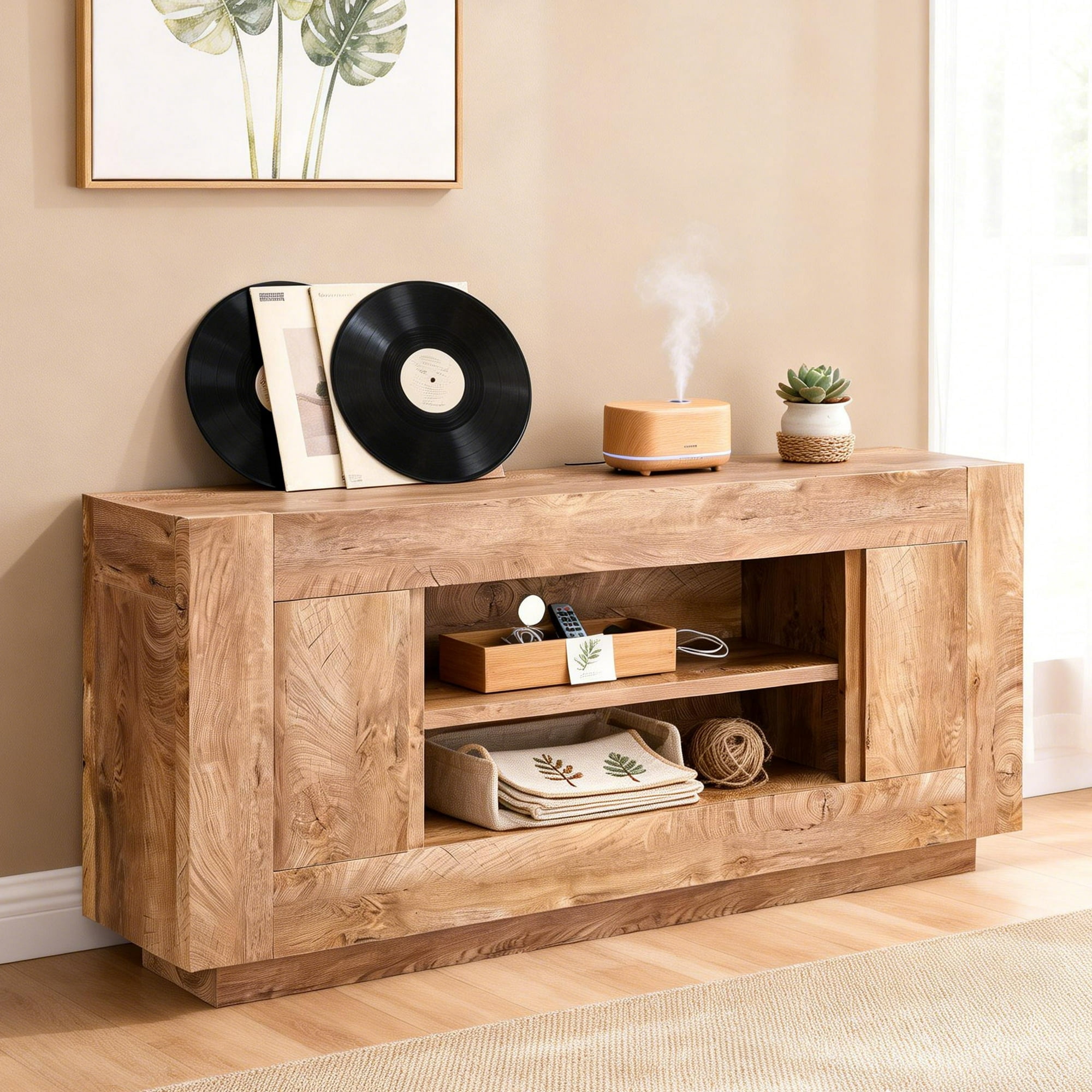 OKD TV Stand for 70 Inch TV, Modern Entertainment Center with Storage Cabinet & Open Shelves, Cable Management for Living Room, Light Knotty
