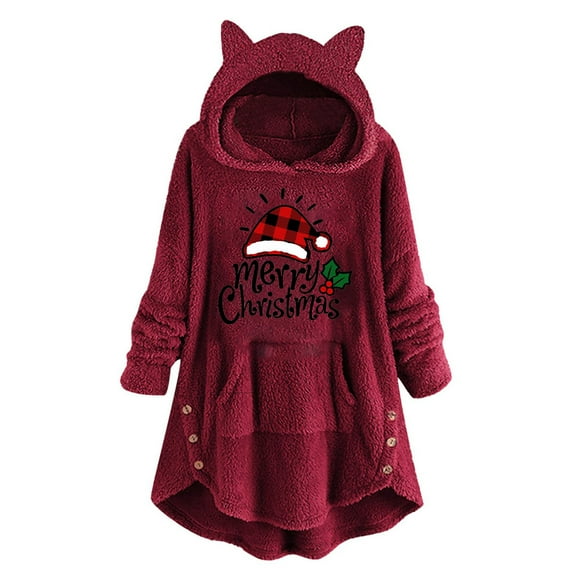 Christmas Womens Casual Buttons Long Sleeve Hooded Plush Coat Tops