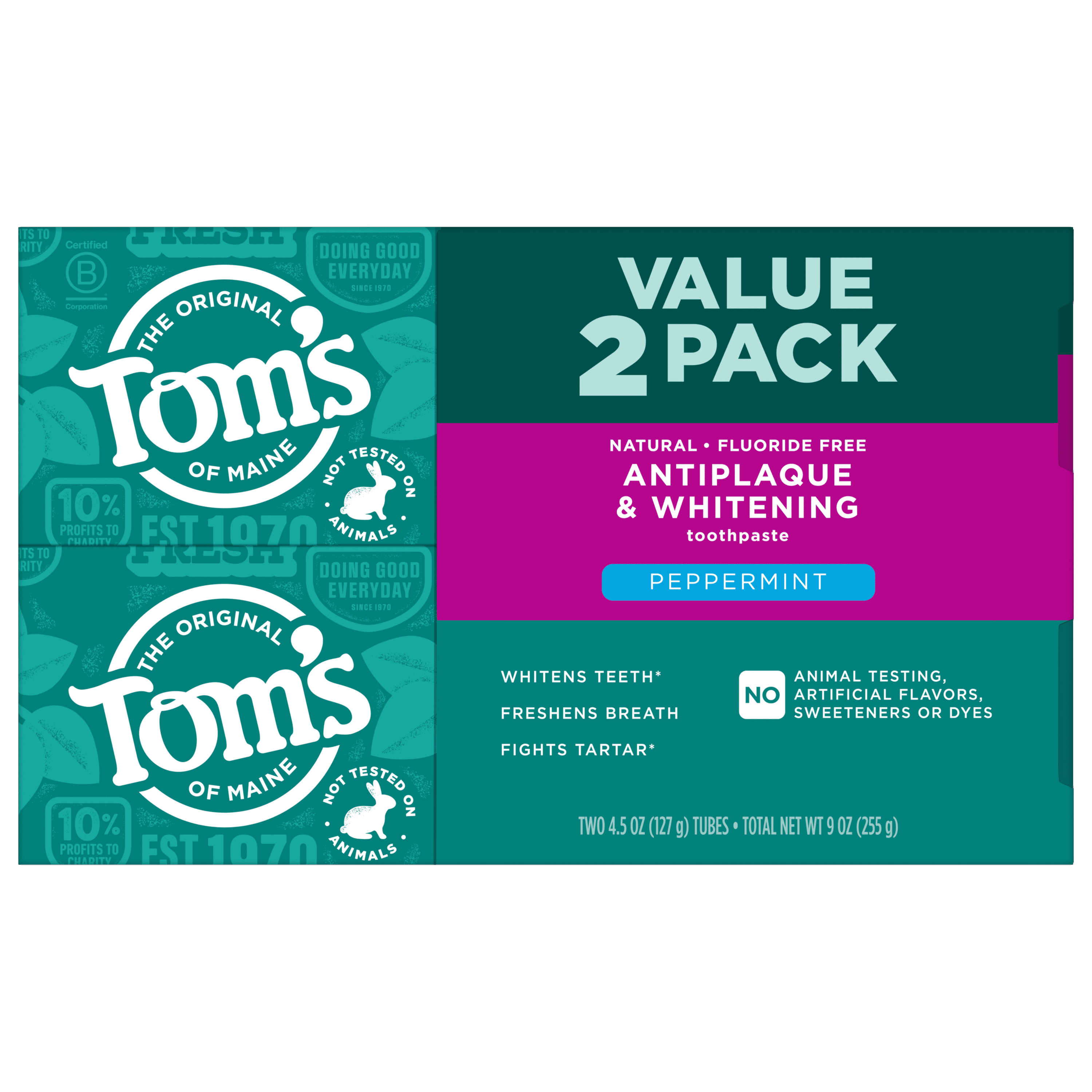 (2 pack) Tom’s of Maine Antiplaque and Whitening Fluoride Free Toothpaste, Peppermint, 2 Pack, 4.5 Oz