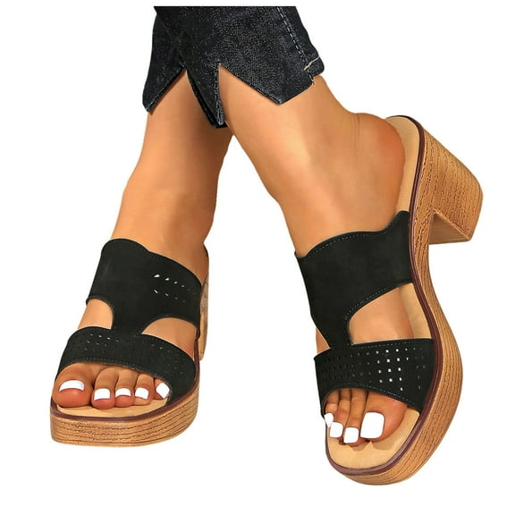 Dakaela Platform Sandals for Women Square Toe Chunky Block Heeled Sandals Slip on Dressy Slide Shoes