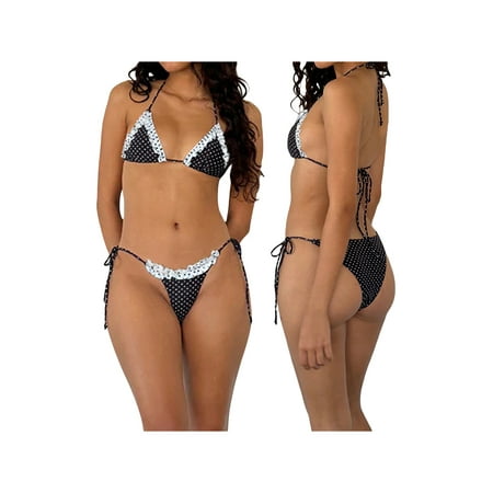 KelaJuan Women s Summer Bikini Set Mini Dot Print Lace Trim Halter Bra with Tie-Up Thong Swimsuit Bathing Suit