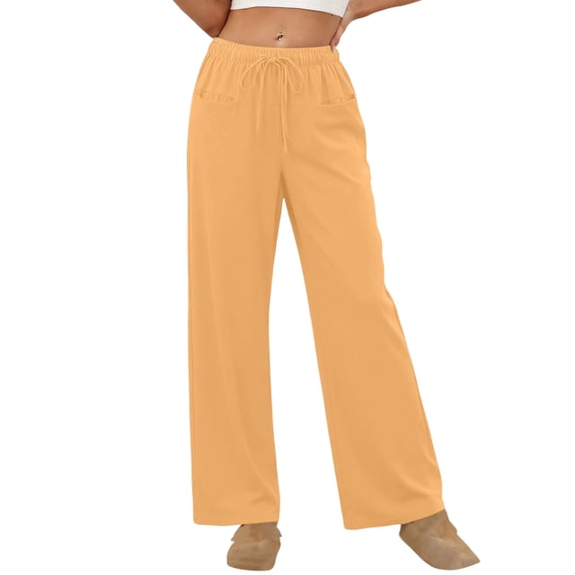 Amzcrzy Pantalones Mujer A Rayas Informales Cintura Alta Cordón Elástico Tipo Bóxer Cómodos Holgados Anchos Con Bolsillos Tallas S-2XL Amarillo