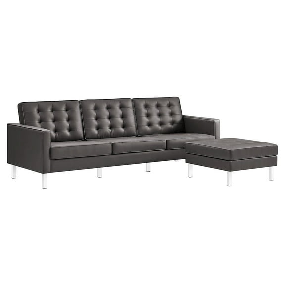 Loft Tufted Vegan Leather Sofa and Ottoman Set in Silver Gray