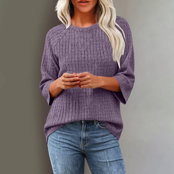 Asgosdo Sweaters for Women Knit 3/4 Sleeve Crewneck Loose Fit Pullover Casual Dressy Lightweight Tops