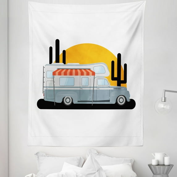 RV Tapestry, Outdoors Recreation Themed Cartoon Camper Trailer Sunset and Silhouette Cactus Plants, Fabric Wall Hanging Decor for Bedroom Living Room Dorm, 5 Sizes, Multicolor, by Ambesonne