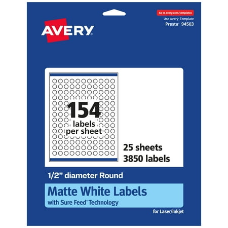 UPC: 0194793050356 | Avery Matte White Round Labels with Sure Feed  1/2  diameter  3 850 Matte White Printable Labels