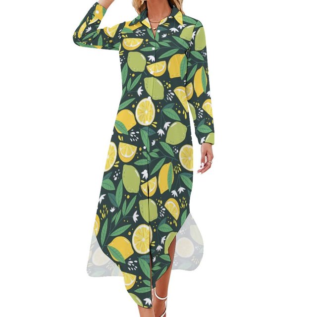 Robe en Chiffon Imprimé Fruits Jaune Citron Robes Mignonnes Femmes Manches Longues Style Rue Col en V Motif Robe Décontractée Surdimensionnée