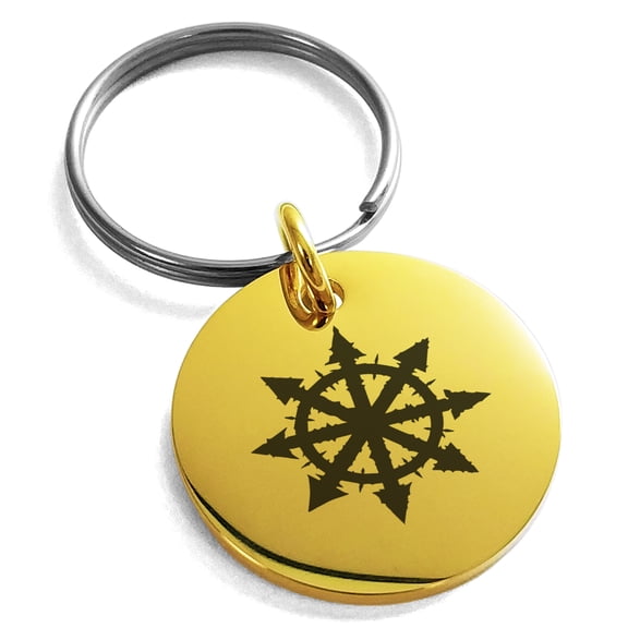 Stainless Steel Chaos Engraved Small Medallion Circle Charm Keychain Keyring