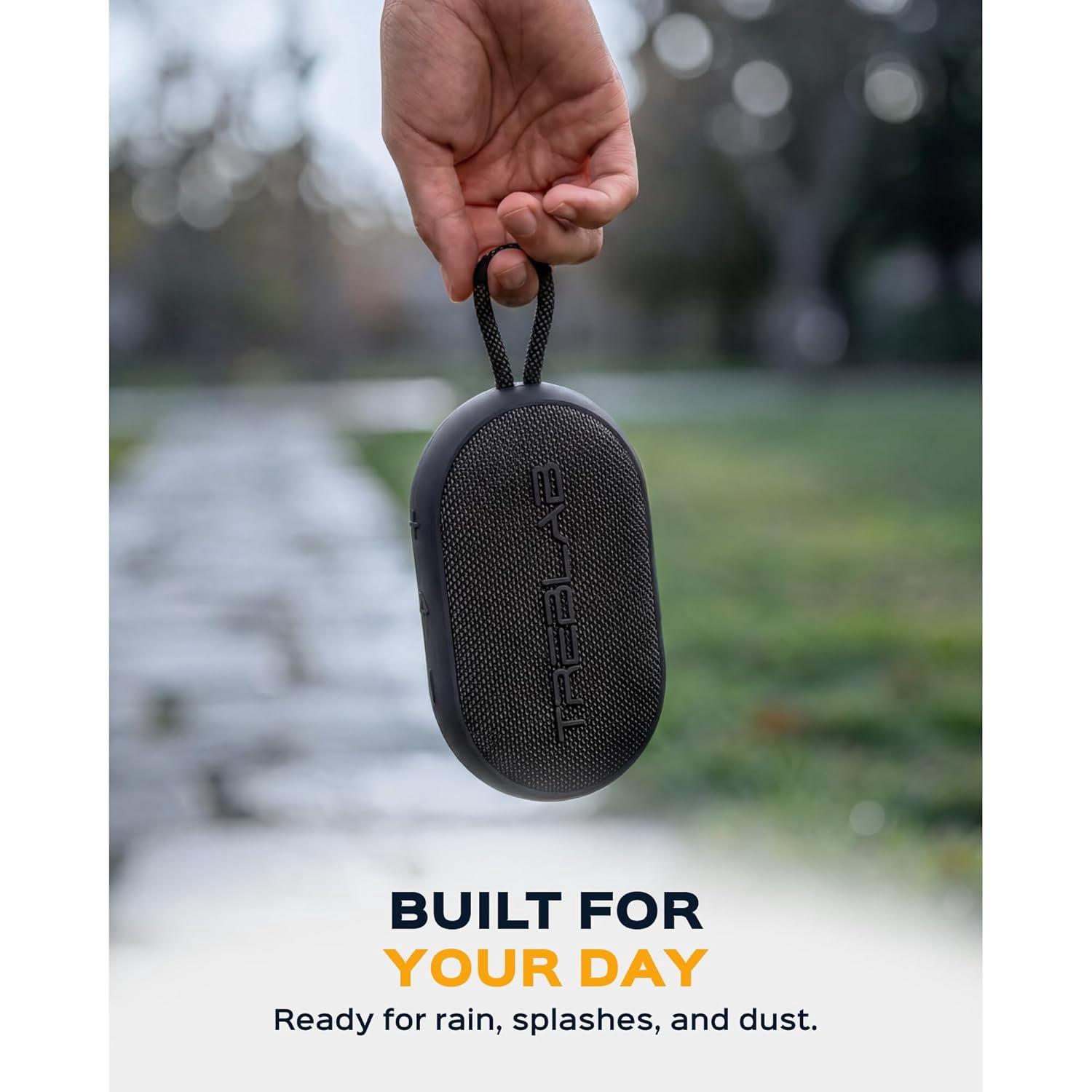 TREBLAB HD-Go - Ultra Portable Hand Held Speaker with Clip, 7W Power with Bass, 16H Playtime, IPX7 Waterproof, Built-in Mic, Compact & Lightweight, USB-C Charging – Small Speaker Bluetooth Wireless