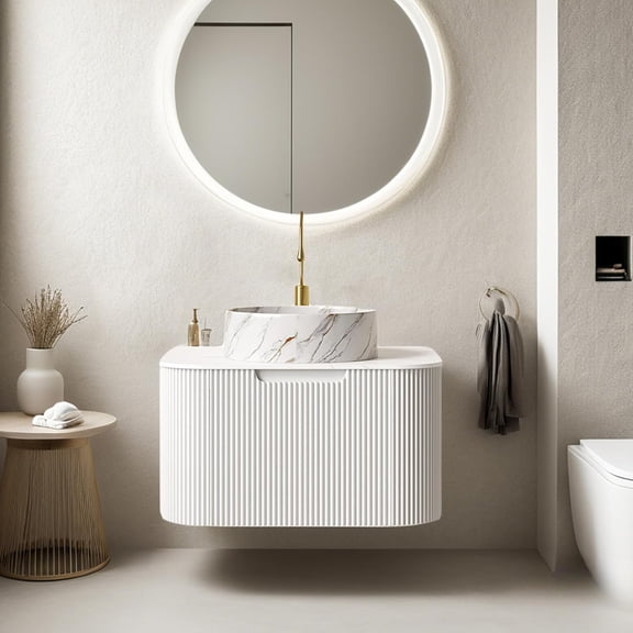 24" Floating Bathroom Vanity with Sink, Modern Bathroom Cabinet with Ultra-Thin Ceramic Basin and Marble Top, Extra Large Storage Drawer, Soft-Close Design, Pre-Assembled Cabinet, White