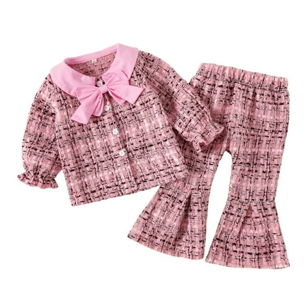 

Baby Girls Outfit Sets Long Sleeve Plaid Prints Bowknot Coat Tops Flare Pants Outfits