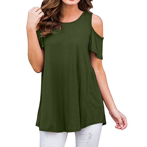 Fsqjgq White Blouses for Women Elegant Girl Color Women's Cold Shoulder Short Sleeve Casual Tunic Tops Loose Blouse Shirts Extra Long Tops for Women
