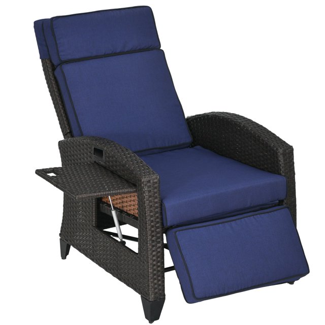Outdoor Recliner Chair with Adjustable Backrest and Side Tray, Hand-Woven PE Wicker Patio Lounge Chair with Blue Cushions for Porch, Backyard, Poolside, 352 lbs Capacity