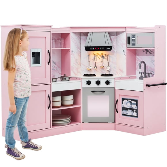 Best Choice Products Pretend Play Corner Kitchen, Ultimate Interactive Wooden Toy Set for Kids w/Lights & Sounds, Ice Maker, Hood, Utensils, Oven, Microwave, Sink - Pink