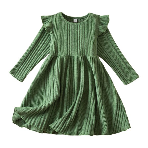 Zanarzt Fall Dress for Girls Long Sleeved Dress Comfortable Soft Warm Fashionable and Casual Flying Sleeves Party Princess Dress Green,5-6 Years