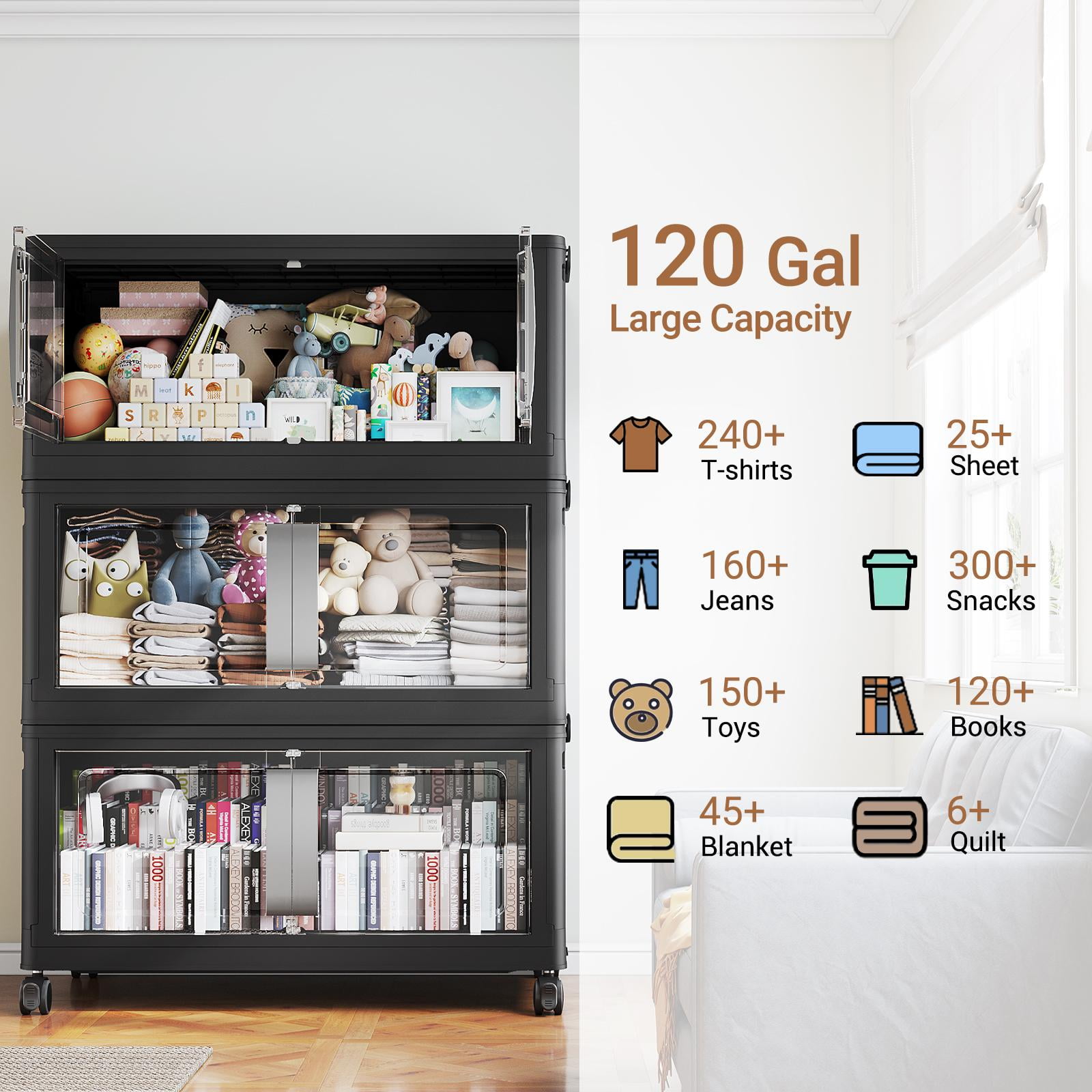 Broview 240Gal Extra Large Stackable Storage Bins, 960Qt Collapsible Plastic Storage Box with Clear Doors, Foldable Containers With Drawers, Magnetic Closure, 360° Swivel Wheels, Black, 6Pack V70