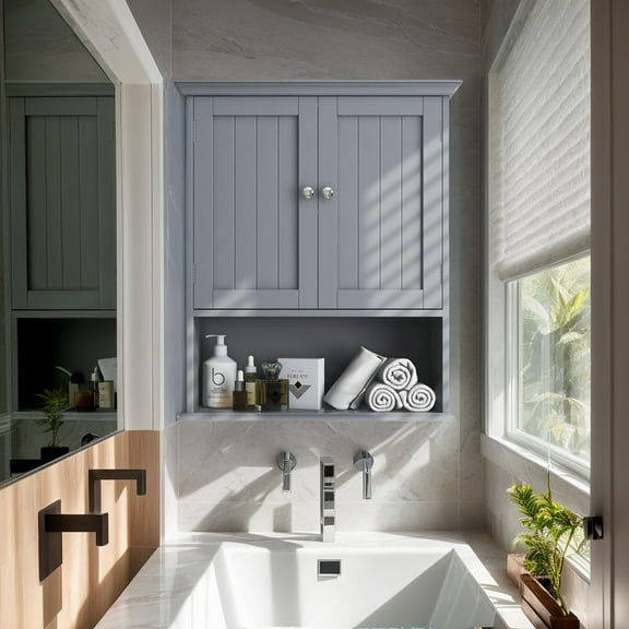 Resenkos Wall Mount Bathroom Cabinet Storage Organizer with Doors and Shelves-Gray, Wall Cabinet for Bathroom Laundry Room Kitchen