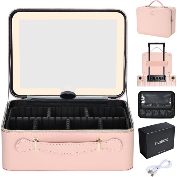 Leather Makeup Case with LED Lighted Mirror 11.4 Inch Travel Makeup Bag Adjustable Brightness in 3 Colors Cosmetic Organizer Artist Storage Bag with Dividers Brush Holder Storage Vanity Pink