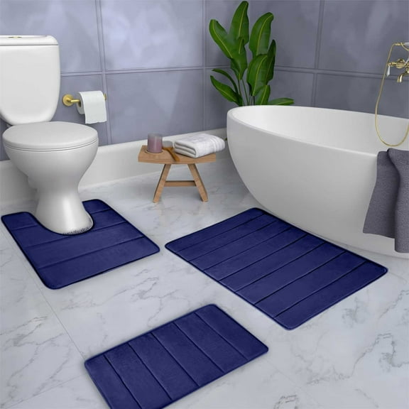 LACKUST 3-Piece Solid Color Bathroom Rugs Set - Quilted Absorbent and Slip-Resistant Bath Mats for Toilet and BathroomNavy