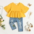 thumbnail image 2 of 3T Baby Girls Clothes 4T Girls 2PCS Denim Outfits Set Toddler Girls Short Sleeve Top Denim Pants Set Yellow, 2 of 9