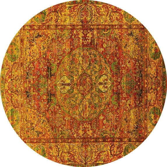 Ahgly Company Machine Washable Indoor Round Oriental Yellow Industrial Area Rugs, 4' Round