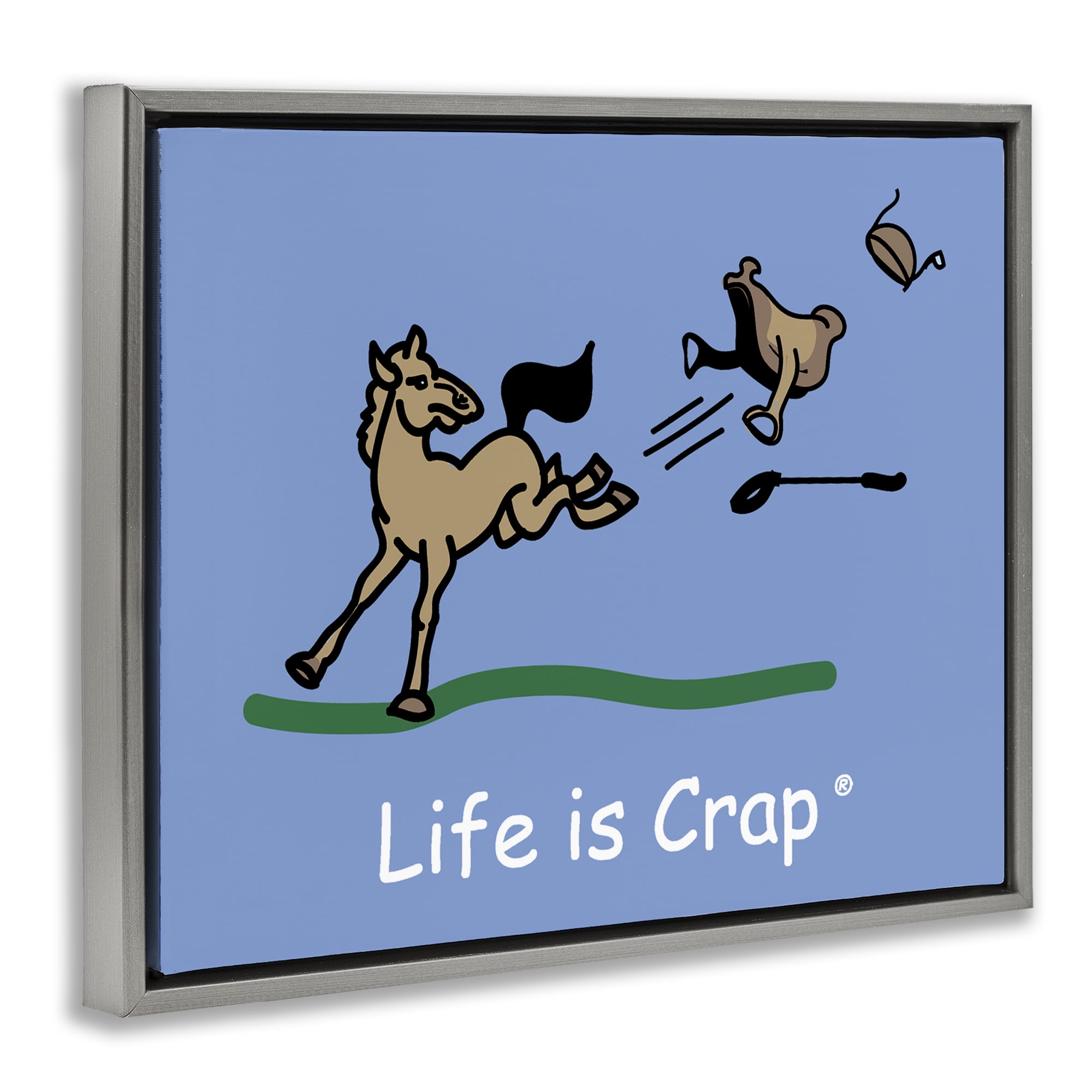 Stupell Industries Horse Kicking Saddle Novelty & Humor Painting Gray Floater Framed Canvas Art Print Wall Art, 31 x 25