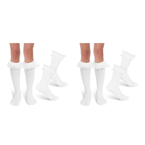 OUNONA 4 Pairs Frilly Socks For Women Long Lace Socks With Bows Ruffle Socks For Girls High Socks With Bow Cute White Stockings For Women