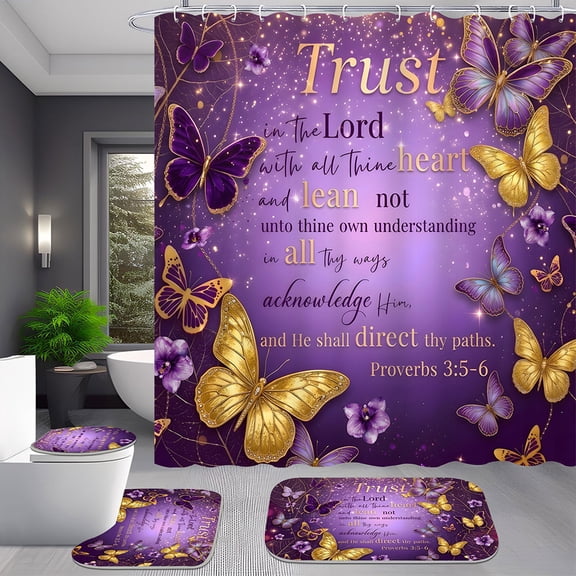 4-Piece Purple Gold Butterfly Glitter Effect Shower Curtain Set with Rugs