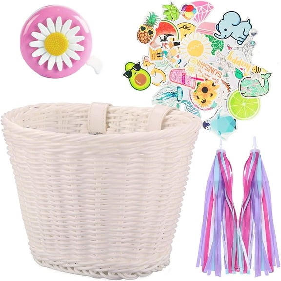 Aosijia Kids Bike Basket for Girls Front Bike Accessories Small Woven Wicker Bicycle Basket with Handlebar Streamers Bell for Boys Girls Cycling