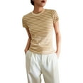 thumbnail image 5 of HOMBOM Blouses for Women Striped Trendy Beige Crew Neck Cotton Short Sleeve Slim Fit T-shirt XL, 5 of 8
