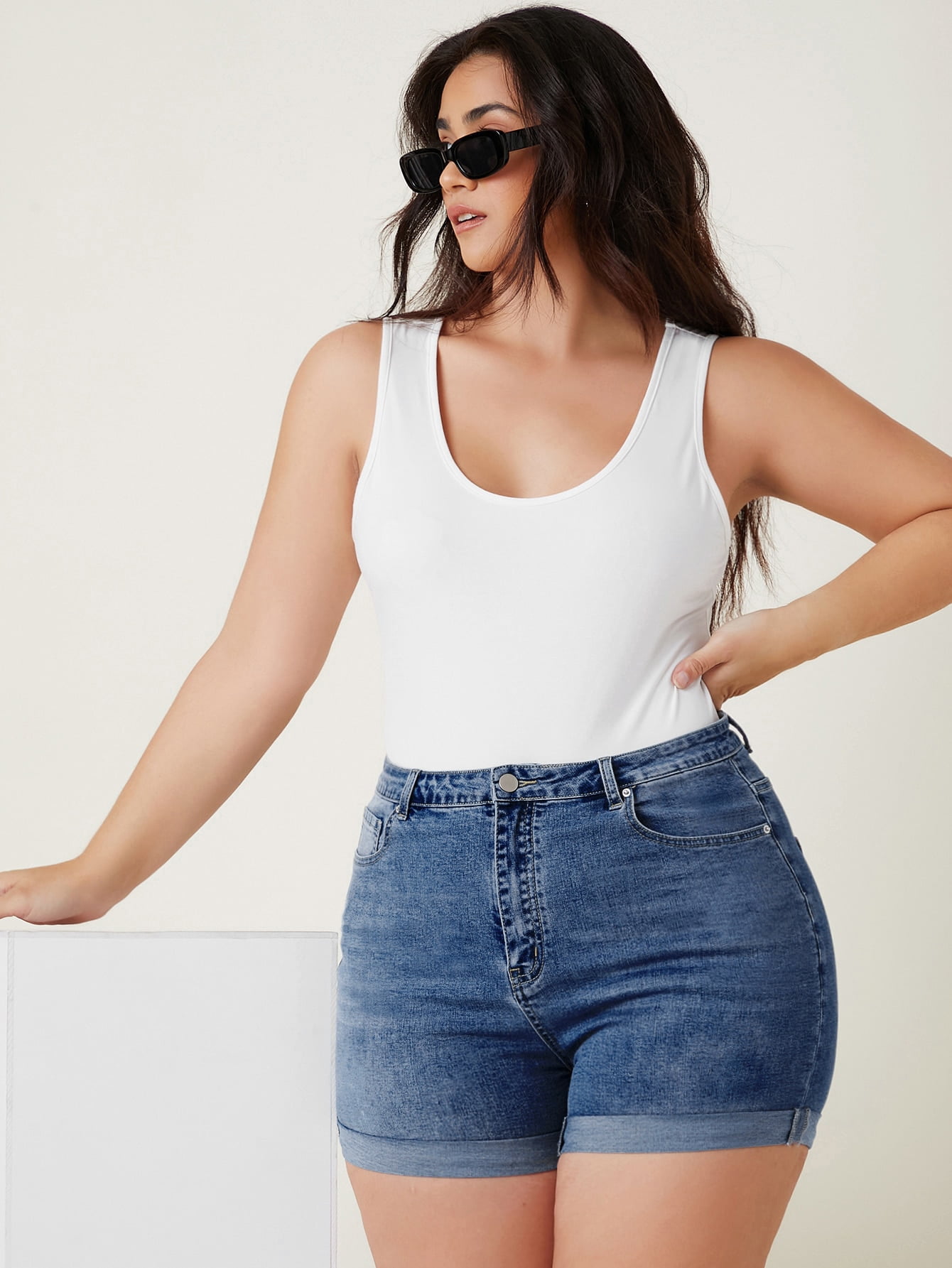 High Waist Roll Hem Denim Shorts 3XL 